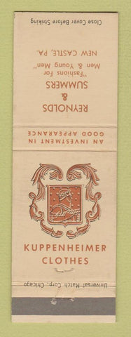 Matchbook Cover - Kuppenheimer Men's Clothes Reynolds Summers New Castle PA