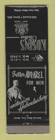 Matchbook Cover - Kosins Men's Cltohes Detroit MI