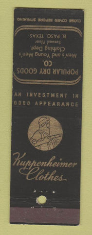 Matchbook Cover - Kuppenheimer Men's Clothes Popular Dry El Paso TX