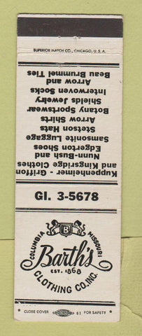 Matchbook Cover - Barth's Men's Clothes Columbia MO
