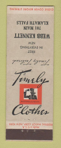 Matchbook Cover - Timely Men's Clothes Webb Kennett Klamath Falls OR Federal