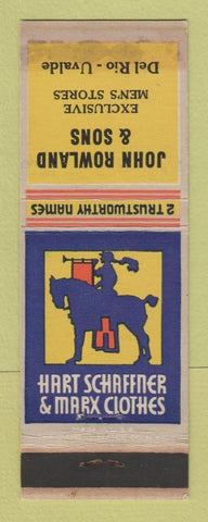 Matchbook Cover Hart Schaffner Marx Men's Clothes Rowland Del Rio Uvalde TX WEAR