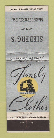 Matchbook Cover - Timely Men's Clothes Sieberg's McKeesport PA Federal