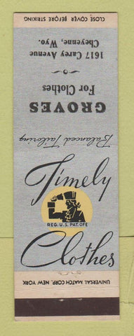Matchbook Cover - Timely Men's Clothes Groves Cheyenne WY