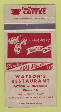 Matchbook Cover - Watson's Restaurant Acton ON WEAR 30 Strike