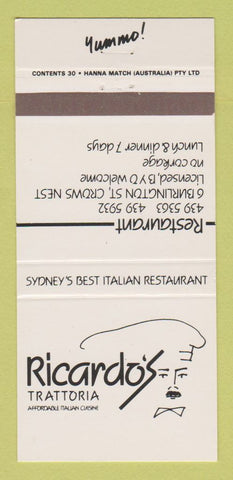 Matchbook Cover - Ricardo's Trattoria Crows Nest Sydney Australia 30 Strike