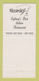 Matchbook Cover - Ricardo's Trattoria Crows Nest Sydney Australia 30 Strike