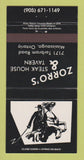 Matchbook Cover - Zorro's Steak House Tavern Mississauga ON 30 Strike
