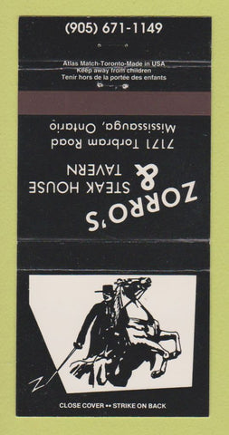 Matchbook Cover - Zorro's Steak House Tavern Mississauga ON 30 Strike
