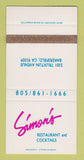 Matchbook Cover - Simon's Restaurant Bakersfield CA SAMPLE WEAR 30 Strike