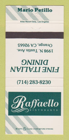 Matchbook Cover Raffaello Ristrorante Italian Orange CA Mario Petillo 30 Strike
