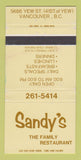 Matchbook Cover - Sandy's Restaurant Vancouver BC 30 Strike