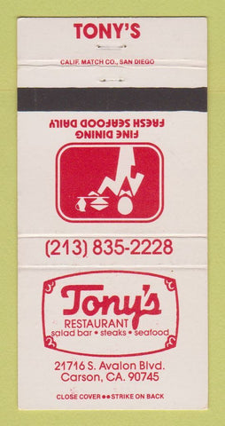 Matchbook Cover - Tony's Restaurant Carson CA 30 Strike