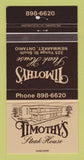 Matchbook Cover - Timothy's Steak House Newmarket ON 30 Strike