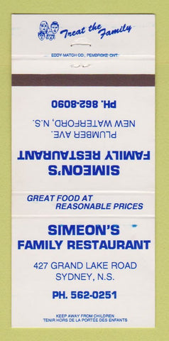 Matchbook Cover - Simeon's Family Restaurant Sydney NS New Waterford 30 Strike