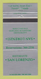 Matchbook Cover - Ristorante San Lorenzo Toronto ON Italian 30 Strike
