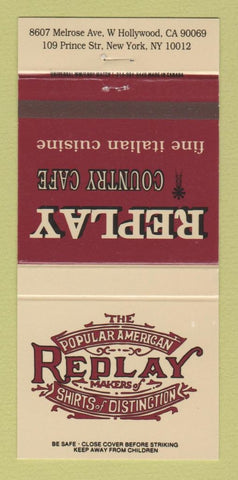 Matchbook Cover - Replay Country Cafe Italian New York City 30 Strike