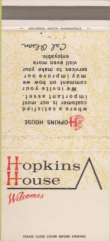 Matchbook Cover - Hopkins House Restaurant Hopkins MN 30 Strike