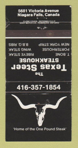 Matchbook Cover - Texas Steer Steak House Niagara Falls ON WEAR 30 Strike