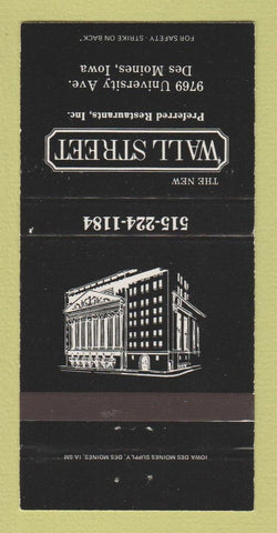 Matchbook Cover - Wall Street Restaurant Des Moines IA 30 Strike