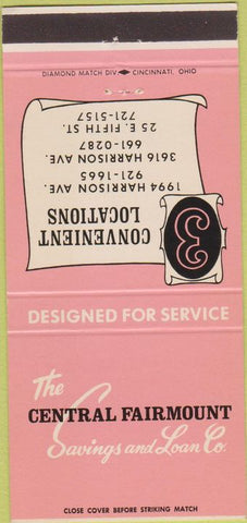 Matchbook Cover - Central Fairmount Savings Loan Cincinnati OH 30 Strike