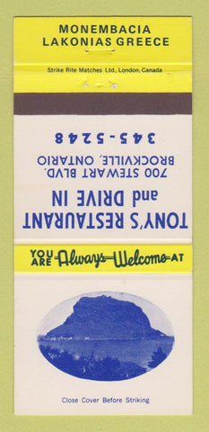 Matchbook Cover - Tony's Restaurant Drive In Brockville ON 30 Strike