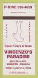 Matchbook Cover - Vincenzo's Paradise Italian Winnipeg MB SAMPLE 30 Strike