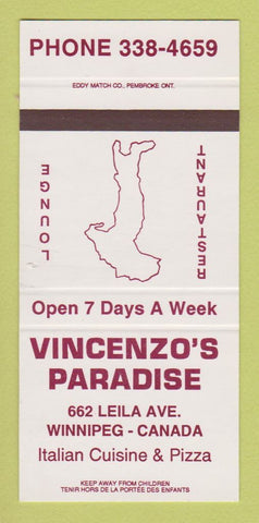 Matchbook Cover - Vincenzo's Paradise Italian Winnipeg MB SAMPLE 30 Strike