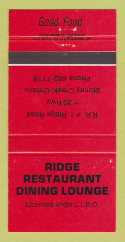 Matchbook Cover - Ridge Restaurant Stoney Creek ON 30 Strike