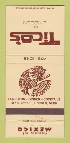Matchbook Cover - Tico's Mexican Restaurant Lincoln NE 30 Strike