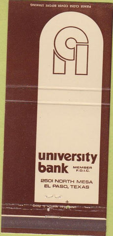 Matchbook Cover - University Bank El Paso TX 30 Strike