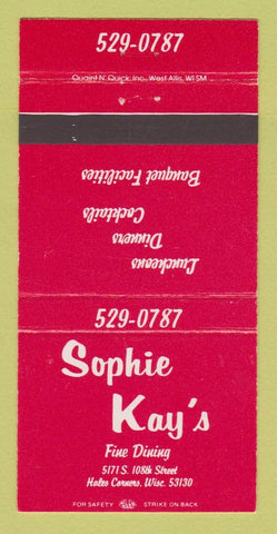 Matchbook Cover - Sophie Kay's Restaurant Hales Corners WI 30 Strike