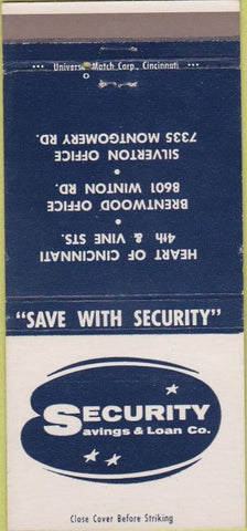 Matchbook Cover - Security Savings  and  Loan Bank Cincinnati OH 30 Strike