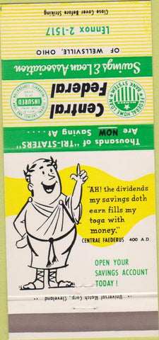 Matchbook Cover - Central Federal Savings Bank Wellsville OH 30 Strike