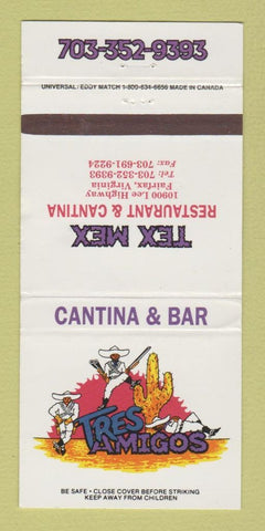 Matchbook Cover - Tex Mex Restaurant Tres Amigos Fairfax VA 30 Strike