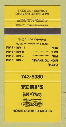 Matchbook Cover - Teri's Subs n Pizza Peterborough ON 30 Strike