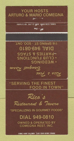 Matchbook Cover - Rico's Restaurant Tavern Sault Ste Marie ON 30 Strike