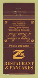 Matchbook Cover - Z's Restaurant Pancakes Glen Ellyn IL 30 Strike