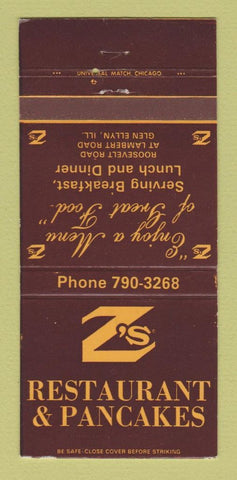 Matchbook Cover - Z's Restaurant Pancakes Glen Ellyn IL 30 Strike