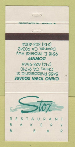 Matchbook Cover - Stox Restaurant Bakery Bar Chino Downey CA 30 Strike