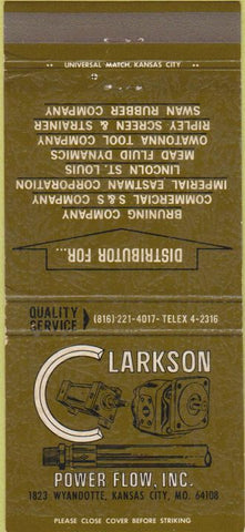 Matchbook Cover - Clarkson Power Flow car parts Kansas City MO 30 Strike