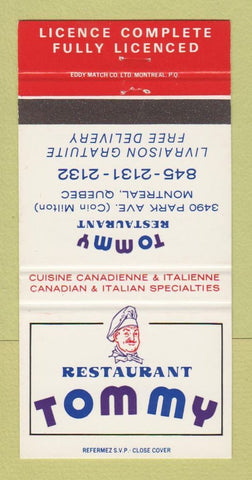 Matchbook Cover - Restaurant Tommy Montreal QC Italian 30 Strike