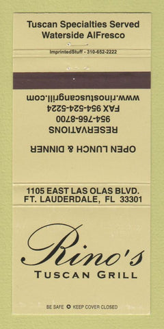 Matchbook Cover - Rino's Tuscan Grill Fort Lauderdale FL 30 Strike
