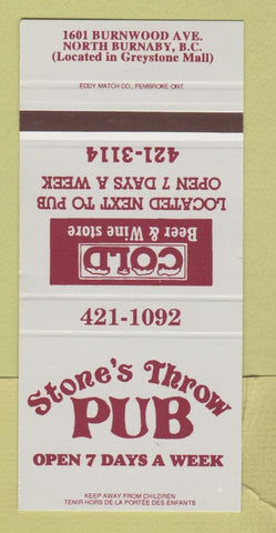 Matchbook Cover - Stone's Throw Pub Burnaby BC SAMPLE 30 Strike