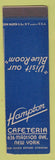 Matchbook Cover - Hampton Cafeteria New York City SAMPLE MISCUT TRIMMED