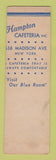 Matchbook Cover - Hampton Cafeteria New York City SAMPLE MISCUT TRIMMED