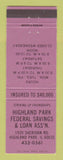 Matchbook Cover - Highland Park Federal Savings Loan IL