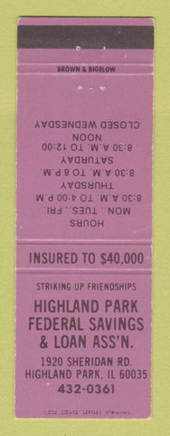 Matchbook Cover - Highland Park Federal Savings Loan IL