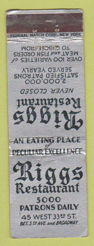 Matchbook Cover - Riggs Restaurant New York City FEDERAL LONG WEAR