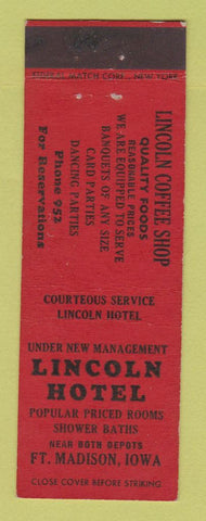 Matchbook Cover - Lincoln Hotel Fort Madison IA Federal